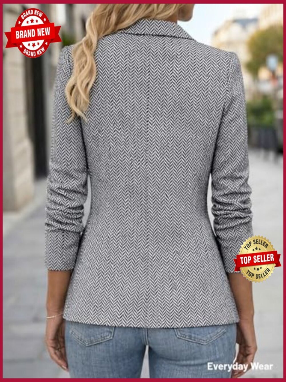 Herringbone Tweed Blazer - Fully Lined Open Front Jacket for Work - Picture 4 of 7